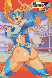 1girl ass blonde_hair blue_eyes boots breasts capcom cleavage highres huge_ass index_finger_raised large_breasts legs leotard mask open_mouth rainbow_mika sideboob smile solo street_fighter teeth thighs thong_leotard tongue twintails wrestling_outfit