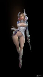 1girl asymmetrical_dress bare_legs black_background black_boots blonde_hair blue_scales blue_shrug boots bottomless breasts buttons center_opening chinese_commentary claws closed_mouth colored_tips commentary_request dress earrings expressionless eyelashes full_body gun high_ponytail highres holding holding_gun holding_weapon jewelry large_breasts lipstick long_hair looking_at_viewer makeup monster_girl multicolored_hair no_pussy original pink_eyes pink_hair ponytail realistic red_lips scales see-through_clothes see-through_dress short_dress simple_background solo standing stud_earrings swept_bangs thick_eyebrows turtleneck_shrug watermark weapon weibo_watermark white_dress xiaxiama