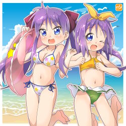 Rule 34 | 2girls, barefoot, beach, bikini, bikini skirt, bird, blue eyes, blue sky, breasts, cleavage, cloud, day, feet out of frame, hair ribbon, halterneck, happy birthday, highres, hiiragi kagami, hiiragi tsukasa, horizon, innertube, jumping, long hair, lucky star, medium breasts, mismatched bikini, multiple girls, ocean, one eye closed, outdoors, purple hair, ribbon, seagull, short hair, siblings, side-tie bikini bottom, sisters, sky, star (symbol), star print, swim ring, swimsuit, takecho, twins, twintails, white bikini