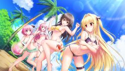 4girls ahoge ass ball bare_arms bare_legs bare_shoulders beachball bikini black_hair blonde_hair blue_sky blush breasts cleavage crab_on_leg demon_tail dolphin_wave green_eyes hair_intakes hair_ornament highres konjiki_no_yami kotegawa_yui lala_satalin_deviluke large_breasts long_hair medium_breasts momo_velia_deviluke multiple_girls navel non-web_source official_art ootomo_takuji palm_tree pink_eyes pink_hair pleated_skirt red_eyes short_hair skirt sky string_bikini sweatdrop swimsuit tail to_love-ru tree twintails very_long_hair yellow_eyes