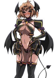 1girl absurdres alternate_costume aoi_tabane bat_wings black_gloves black_skirt black_thighhighs black_wings blush breasts brown_eyes brown_hair cleavage clothing_cutout corruption cosplay crossover dark_persona demon_girl demon_tail demon_wings elbow_gloves garter_straps gloves grin hair_ornament halloween_costume hands_on_own_hips head_wings heart_cutout highleg highres large_breasts liberator_(kouyoku_senki_exs-tia) looking_at_viewer low_wings navel pubic_tattoo revealing_clothes senki_zesshou_symphogear shiny_skin short_hair showgirl_skirt simple_background skindentation skirt smile solo standing tachibana_hibiki_(symphogear) tail tattoo thighhighs transparent_background white_background wings