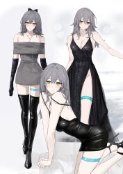 1girl absurdres alternate_costume artist_name bag bare_shoulders black_bag black_boots black_bow black_dress black_gloves black_shoes blush boots bow breasts cleavage closed_mouth collarbone commentary cropped_legs dress earrings elbow_gloves english_commentary eyes_visible_through_hair feint721 from_side full_body gloves grey_dress grey_hair groin hair_between_eyes hair_bow handbag high_heels highres holding holding_bag honkai:_star_rail honkai_(series) hoop_earrings jewelry kneeling large_breasts light_blush long_dress long_hair looking_at_viewer multiple_views necklace no_panties off-shoulder_dress off_shoulder on_chair shoes side_slit sleeveless sleeveless_dress smile sparkle stelle_(honkai:_star_rail) strap_slip thigh_boots thigh_strap trailblazer_(honkai:_star_rail) twitter_username white_background yellow_eyes