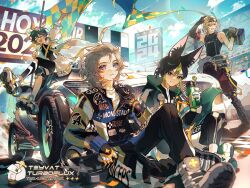 2024 4boys albedo_(genshin_impact) animal_ears black_hair black_pants black_shirt blonde_hair blue_eyes braid car checkered_flag closed_eyes flag flask fox_ears genshin_impact gloves green_hair hat holding holding_flask jacket kaveh_(genshin_impact) long_sleeves male_focus mint-tan motor_vehicle multicolored_hair multiple_boys official_art pants red_eyes roller_skates shirt shoes skates tighnari_(genshin_impact) venti_(genshin_impact) visor_cap wheel