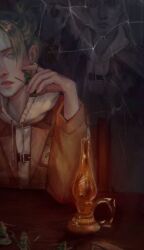 1girl annie_leonhart blonde_hair blue_eyes brown_jacket chair commentary_request crack cracked_glass different_reflection drawstring fusssker holding holding_toy hood hood_down hoodie jacket jewelry lips long_sleeves military_police_brigade_(emblem) nose oil_lamp on_chair reflection ring russian_commentary shingeki_no_kyojin short_hair table toy white_hoodie wooden_chair wooden_table