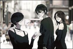Rule 34 | 1boy, 2girls, andrew graves (the coffin of andy and leyley), ashley graves, black hair, black shirt, black sweater, blowing kiss, blush, brother and sister, distracted boyfriend (meme), green eyes, julia (the coffin of andy and leyley), looking back, meme, multiple girls, qqubbell, shirt, siblings, sweater, the coffin of andy and leyley, yellow eyes