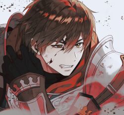 1boy alter_(mabinogi) armor black_gloves blood blood_on_face bracer brown_eyes clenched_teeth commentary_request debris gloves injury knight korean_commentary looking_ahead mabinogi male_focus pauldrons ray_(lthenray) shoulder_armor smoke solo teeth uneven_eyes upper_body white_background