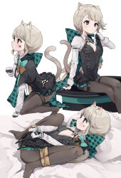1girl animal_ears aqua_bow argyle bdsm bed_sheet black_capelet black_dress black_gloves blush bondage bound bow breasts brown_pantyhose capelet cat_ears cat_girl cat_tail cleavage_cutout clothing_cutout collared_dress cuffs dress facial_mark facial_tattoo frilled_leotard frills genshin_impact gloves green_bow green_skirt grey_hair handcuffs highres kneeling leotard long_hair long_sleeves lying lynette_(genshin_impact) miniskirt multiple_views on_back pantyhose pillow pkpkpppk ponytail purple_eyes restrained sidelocks sitting skirt small_breasts spread_legs star_(symbol) star_facial_mark star_tattoo tail tape tattoo thighs two-tone_gloves white_gloves white_sleeves