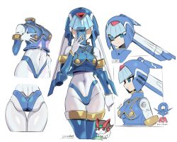 1girl absurdres android armor ass blank_stare blue_armor blue_eyes blue_helmet blue_panties blue_thighhighs blue_vest bodysuit breasts cellphone crop_top cropped_vest ddg160 doro_(nikke) empty_eyes fairy_leviathan_(mega_man) forehead_jewel glint hand_on_own_chest hand_up helmet highres holding holding_phone mega_man_(series) mega_man_zero_(series) multiple_views navel panties phone profile robot_girl selfie smile taking_picture thighhighs thrusters underwear vest white_bodysuit zero(z)_(mega_man) zero_(mega_man)