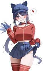 1girl absurdres animal_ear_headwear bby blue_eyes blue_gloves blue_hair blue_hat blue_skirt breasts cabbie_hat choker clothes_lift collarbone commentary cool_mita_(miside) fake_animal_ears gloves hat heart highres large_breasts lifting_own_clothes long_hair looking_at_viewer miside mita_(miside) panties panty_straps pleated_skirt red_choker red_shirt red_thighhighs shirt simple_background skirt skirt_lift smile solo spoken_heart tattoo teardrop_facial_mark teardrop_tattoo thighhighs thighs underwear waving_hands white_background white_panties