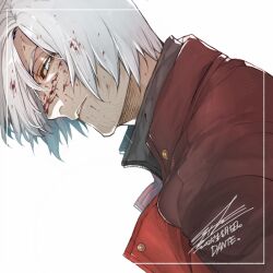 Rule 34 | 1boy, beard stubble, blood, blood in hair, blood on face, blue eyes, character name, dated, devil may cry, devil may cry (series), devil may cry 4, facial hair, hair over one eye, hiryuu (kugelcruor), jacket, looking at viewer, male focus, parted lips, red jacket, short hair, signature, solo, stubble, upper body, white background, white hair