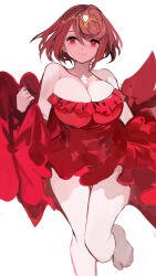1girl absurdres breasts cleavage closed_mouth clothes_grab collarbone dress highres large_breasts looking_at_viewer medium_hair pyra_(xenoblade) red_dress red_eyes red_hair revision simple_background smile solo tarbo_(exxxpiation) unfinished white_background xenoblade_chronicles_(series) xenoblade_chronicles_2