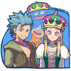 1boy 1girl 3others bead_necklace beads blonde_hair blue_eyes blue_hair camus_(dq11) commentary_request copyright_name cross-laced_clothes crown dragon_quest dragon_quest_xi dress earrings green_dress green_hairband green_tunic grey_eyes grin hairband head_tilt jewelry juliet_sleeves king_slime_(dragon_quest) long_hair long_sleeves looking_at_viewer mayuzumi metal_slime multiple_others necklace puffy_sleeves senya_(dq11) she-slime shirt shirt_under_dress short_hair slime_(dragon_quest) smile spiked_hair tunic white_background white_shirt