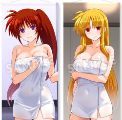 2girls arm_under_breasts bare_shoulders blonde_hair blue_eyes breasts cleavage covered_navel engo_(aquawatery) fate_testarossa large_breasts long_hair looking_at_viewer lyrical_nanoha mahou_shoujo_lyrical_nanoha_strikers multiple_girls naked_towel ponytail red_eyes red_hair sample_watermark side_ponytail smile takamachi_nanoha thighs towel watermark