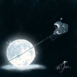 1other absurdres artist_name astronaut backpack bag black_background commentary floating gloves glowing helmet highres holding holding_rope kazunoko_(kazunoko_zunoco) moon original radio_antenna rope signature solo space_helmet spacesuit tug white_gloves