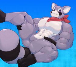 1boy abs animal_ears bara claws closed_mouth commentary croiyan english_commentary furry furry_male indigo_park looking_at_viewer male_focus muscular muscular_male navel neckerchief no_penis nude pectorals raccoon_boy raccoon_ears raccoon_tail rambley_the_raccoon red_neckerchief smile tail