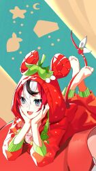 1girl :d absurdres animal_ear_hood barefoot black_hair blue_eyes bow braid commentary crossed_bangs double-parted_bangs fake_animal_ears feet_out_of_frame hair_between_eyes hakos_baelz hakos_baelz_(strawberry) hands_under_chin highres hololive hololive_english hood hood_up jewelry long_hair_between_eyes loungewear lying mouse_girl mouse_tail multicolored_hair necklace official_alternate_costume on_stomach onesie open_mouth red_hair sharp_teeth smile soles solo streaked_hair tail tail_bow tail_ornament teeth the_pose thekaiyip three-quarter_sleeves virtual_youtuber white_hair