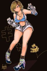 1girl artist_name bare_shoulders black_background blue_bra bra breasts brown_eyes brown_hair cleavage double_arbre full_body highres kazama_asuka large_breasts short_hair simple_background solo sound_effects tekken underwear