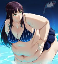1girl beach belly belly_grab bikini blue_bikini breasts cherryzard98 cleavage fat fat_rolls fat_woman frilled_bikini frills green_eyes hair_ornament hands_on_own_stomach in_water large_breasts leaning_forward lips long_hair looking_to_the_side navel obese outdoors persona persona_5 purple_hair sidelocks sky smile solo standing swimsuit thick_arms tougou_hifumi wet