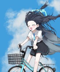 1girl aqua_halo aris_(blue_archive) bicycle black_hair black_skirt blue_archive blue_necktie blue_sky blush closed_eyes day from_side halo long_hair necktie ookii_tsukemono open_mouth pleated_skirt riding riding_bicycle shirt short_sleeves skirt sky smile solo very_long_hair white_shirt