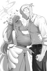 Rule 34 | 1boy, 1girl, anger vein, bald, belt, blue archive, blush, breasts, breath, broccoli (broccoli2626), bulge, covered erect nipples, doodle sensei (blue archive), dress, dress shirt, drooling, erection, erection under clothes, faceless, faceless male, facing another, feathered wings, greyscale, hair bun, half-closed eyes, halo, heart, hetero, highres, huge breasts, long hair, mika (blue archive), monochrome, no bra, paper on head, penis grab, sensei (blue archive), shirt, single side bun, sleeveless, sleeveless dress, tongue, tongue out, very long hair, wings