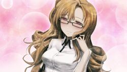 1girl black_ribbon black_trim blonde_hair blurry blush bokeh breasts buttons closed_mouth collared_shirt depth_of_field dutch_angle eyelashes fingernails game_cg glasses hair_between_eyes hand_up high_collar highres huke kiryuu_moeka long_hair looking_at_viewer medium_breasts narrowed_eyes non-web_source official_art open_collar pink_background pink_eyes ribbon ringed_eyes seductive_smile shirt sleeve_slit smile solo sparkle_background square_pupils steins;gate steins;gate:_my_darling&#039;s_embrace white_shirt