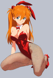 1girl animal_ears ass bare_shoulders breasts cleavage curvy detached_collar fake_animal_ears fake_tail full_body hair_between_eyes hair_ornament highleg highleg_leotard highres jaaaan kneeling legs_apart leotard long_hair looking_at_viewer neon_genesis_evangelion orange_hair playboy_bunny rabbit_ears red_leotard shiny_clothes shiny_skin simple_background skin_tight skindentation smile solo souryuu_asuka_langley tail thong_leotard two_side_up very_long_hair wide_hips
