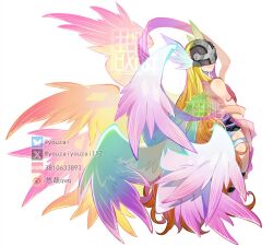 Rule 34 | 1girl, angewomon, bare shoulders, blonde hair, covered eyes, cowboy shot, digimon, digimon (creature), from behind, helmet, helmet over eyes, long hair, pink ribbon, pink wings, ribbon, simple background, solo, watermark, white background, wings, youzaiyouzai112