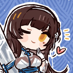 1girl blush_stickers breasts brown_hair chibi chibi_only chinese_commentary cui_pi_zha_xia_qiu daiyan_(neural_cloud) girls&#039;_frontline girls&#039;_frontline_neural_cloud hairband heart large_breasts mole mole_under_eye official_art one_eye_closed outline second-party_source solo type_95_(girls&#039;_frontline) white_outline yellow_eyes