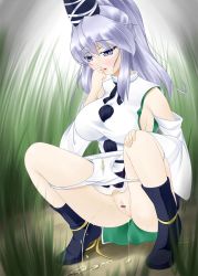 1girl bar_censor black_boots black_hat black_skirt boots censored cleft_of_venus clitoris detached_sleeves female_focus full_body grass grey_eyes grey_hair hand_on_own_knee hand_to_own_mouth hat long_hair long_sleeves looking_down maaru matching_hair/eyes mononobe_no_futo nature no-pubic_hair open_mouth outdoors panties panty_pull pee pee_stain peeing ponytail puddle pussy shirt skirt sleeveless spread_legs squatting stained_panties thighs touhou underwear voyeurism wet wet_clothes wet_panties white_panties white_shirt