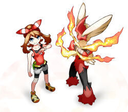 1girl blaziken blonde_hair blue_eyes brown_hair claws closed_mouth collarbone colored_sclera creatures_(company) crossed_arms fire full_body game_freak gen_3_pokemon holding legs may_(pokemon) mega_blaziken mega_pokemon nintendo poke_ball poke_ball_(basic) pokemon pokemon_(creature) pokemon_oras rakia_(ds00309) sidelocks smile standing white_background yellow_sclera
