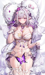 1girl absurdres adapted_costume akizero1510 bare_shoulders bed black_tiara blush bow bra breasts bug butterfly castorice_(honkai:_star_rail) flower garter_straps gloves groin hair_bow hair_flower hair_ornament half_gloves heart heart-shaped_pillow highres honkai:_star_rail honkai_(series) insect large_breasts long_hair looking_at_viewer lying missing_commentary navel on_back on_bed paid_reward_available panties parted_lips pillow pink_flower pointy_ears purple_bow purple_butterfly purple_eyes purple_gloves purple_hair purple_petals showgirl_skirt skirt solo stomach thighhighs thighs tiara underwear very_long_hair white_bra white_garter_straps white_panties white_skirt white_thighhighs