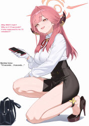 1girl aru_(blue_archive) bare_legs black_shoes black_skirt blue_archive blush breasts cellphone collared_shirt demon_girl demon_horns eyelashes feet full_body gloves halo heel_pop high-waist_skirt high_heels highres holding holding_phone horns impossible_clothes impossible_shirt isokaze12 kneeling large_breasts legs long_hair long_sleeves looking_at_viewer neck_ribbon on_one_knee open_mouth orange_eyes phone pink_halo red_hair red_ribbon ribbon shirt shoes sidelocks skirt smartphone solo stiletto_heels sweatdrop thighs toe_cleavage white_gloves white_shirt yellow_eyes