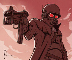 1boy aiming bulletproof_vest courier_(fallout:_new_vegas) duster fallout:_new_vegas fallout gas_mask gloves gun helmet highres mask ncr_veteran_ranger pieroe01 signature solo submachine_gun sunset weapon
