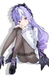 1girl absurdres ahoge ascot black_shoes bow bowtie feet_out_of_frame hair_between_eyes hairband head_tilt highres long_hair long_sleeves looking_at_viewer mole mole_under_eye patterned_legwear pointy_ears ponzu_pon9 purple_ascot purple_bow purple_bowtie purple_hair purple_hairband red_eyes shoes shrug_(clothing) sitting vivian_banshee white_background white_shrug zenless_zone_zero