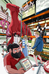 3boys 4girls alternate_costume alternate_universe animal_ears bat_(animal) bucket cat_ears cat_girl cat_tail cheese cheese_wheel chilchuck_tims costco dungeon_meshi elf english_text food giant_spider harpy hat highres hood hoodie izutsumi laios_touden marcille_donato monster_girl multiple_boys multiple_girls nutella pointy_ears red_dragon_(dungeon_meshi) rem_(tsulala) senshi_(dungeon_meshi) shopping_cart sun_hat supermarket surprised tail tentacles towel walking_mushroom_(dungeon_meshi)