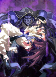 1boy 1girl ainz_ooal_gown albedo_(overlord) bare_shoulders black_hair black_hood black_wings blue_sky breasts carrying cleavage demon_girl demon_horns dress feathered_wings frilled_dress frills gloves hair_between_eyes hand_on_another&#039;s_cheek hand_on_another&#039;s_face highres hip_vent horns lich long_dress long_hair miyo_(13th_floor) off-shoulder_dress off_shoulder overlord_(maruyama) parted_lips princess_carry purple_background sideboob skeleton sky teeth white_dress white_gloves white_horns wings