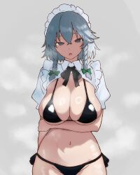1girl absurdres arm_behind_back arm_under_breasts bikini black_bikini black_bow black_bowtie bow bowtie braid breasts cleavage collared_shrug commentary cowboy_shot crossed_bangs frilled_shrug frills green_bow grey_background grey_eyes grey_hair groin hair_between_eyes hair_bow hand_on_own_arm hand_up highres izayoi_sakuya large_breasts long_hair looking_at_viewer maid maid_headdress navel parted_lips peace_peace009 puffy_short_sleeves puffy_sleeves shade short_sleeves shrug_(clothing) side-tie_bikini_bottom side_braids simple_background skindentation solo standing steaming_body stomach string_bikini swimsuit touhou twin_braids underboob