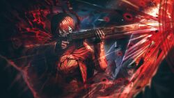 alternate_eye_color belt black_eyes black_gloves black_hair blood blood_on_clothes bolt_action brown_cloak bullet_hole cloak death e.g.o_(project_moon) fell_bullet_(e.g.o) fire formal_clothes game_cg gloves gun highres jacket limbus_company magazine_(weapon) n_corp._e.g.o_(identity)_(project_moon) nai_ga necktie official_art project_moon red_eyes red_necktie rifle solo_focus sticking_(e.g.o) suit suit_jacket weapon yi_sang_(project_moon)