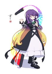 1girl ay606078 beads black_boots black_dress blonde_hair boots breasts clenched_hand closed_eyes closed_mouth commentary cross-laced_clothes cross-laced_dress dress full_body gradient_hair highres hijiri_byakuren layered_dress long_hair long_sleeves multicolored_hair prayer_beads purple_hair shadow signature simple_background solo sorcerer&#039;s_sutra_scroll touhou very_long_hair white_background white_dress
