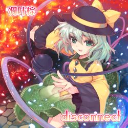 Rule 34 | 1girl, album cover, aqua eyes, black hat, blue background, bow, buttons, circle name, cobblestone, collar, collared shirt, cover, diamond button, diao ye zong, embers, english text, eyelashes, feet out of frame, fiery background, fingernails, fire, floral print, frilled shirt collar, frilled sleeves, frills, game cg, green collar, green hair, green skirt, hat, hat bow, heart, heart of string, hiiro yuki, komeiji koishi, long sleeves, looking at viewer, medium hair, miniskirt, official art, open mouth, outstretched arm, outstretched hand, petals, pleated skirt, red background, rose print, shirt, skirt, smile, solo, third eye, touhou, touhou cannonball, two-tone background, wide sleeves, yellow bow, yellow shirt, yellow sleeves