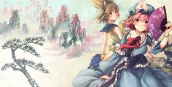 2girls absurdres black_collar blonde_hair blue_dress blue_hat blue_ribbon blush bow bowtie brown_eyes cloud collar commentary_request dress folding_fan gold_sandals hair_ears hand_fan hand_up hat highres holding holding_fan ink_wash_painting kirigawa_mika looking_back medium_hair mob_cap mountain multiple_girls pink_clouds pink_eyes pink_hair red_bow red_bowtie ribbon ritual_baton saigyouji_yuyuko sandals shirt smile socks touhou toyosatomimi_no_miko tree triangular_headpiece white_collar white_socks yellow_background yellow_shirt
