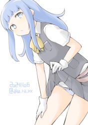 1girl akara_kai black_vest blue_eyes blue_hair blue_panties blunt_bangs blush bow bowtie cowboy_shot dated gloves grey_vest hatsukaze_(kancolle) highres hime_cut kantai_collection long_hair looking_at_viewer neckerchief one-hour_drawing_challenge panties pleated_skirt school_uniform shirt simple_background skirt twitter_username underwear vest white_background white_gloves white_shirt yellow_bow yellow_bowtie yellow_neckerchief
