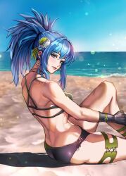 1girl bare_shoulders beach bikini blue_eyes blue_hair commentary earrings fingerless_gloves front-tie_bikini_top front-tie_top gloves green_bikini hair_ornament hand_on_own_knee highres jewelry leona_heidern light_smile ocean ponytail senran_kagura senran_kagura_new_link side-tie_bikini_bottom sitting solo swimsuit the_king_of_fighters triangle_earrings yukinoshin_f