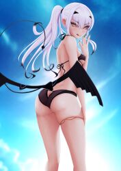 Rule 34 | 1girl, absurdres, ass, back, bare shoulders, bikini, black bikini, blue sky, breasts, butt crack, dragon wings, fate/grand order, fate (series), forked eyebrows, high ponytail, highres, jewelry, licking lips, long hair, looking at viewer, looking back, melusine (fate), melusine (swimsuit ruler) (fate), melusine (swimsuit ruler) (first ascension) (fate), navel, ponytail, pucci-la-pucci, sidelocks, sky, small breasts, smile, solo, stomach tattoo, swimsuit, tail, tattoo, thighlet, thighs, tongue, tongue out, white hair, wings, yellow eyes