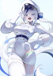 1girl 4string_guitar0 absurdres aokumo_rin belt blue_belt blue_eyes blue_hair blue_ribbon blush breasts buttons colored_inner_hair commentary cowboy_shot double-breasted floating_hair garter_straps gloves grey_hair hair_ribbon hair_rings hand_on_headwear hand_on_own_hip hat highres jacket large_breasts lens_flare long_hair long_sleeves looking_at_viewer military_hat military_uniform multicolored_hair naval_uniform open_mouth peaked_cap pencil_skirt puffy_long_sleeves puffy_sleeves ribbon simple_background single_hair_ring skirt smile solo standing stellive symbol-only_commentary thighhighs two-tone_hair very_long_hair virtual_youtuber white_background white_gloves white_hat white_jacket white_skirt white_thighhighs