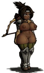 1girl animated animated_gif arbalest_(darkest_dungeon) armor bow_(weapon) breasts brown_hair cleft_of_venus crossbow dark-skinned_female dark_nipples dark_skin darkest_dungeon full_body functionally_nude genderswap gloves gorget greaves hairband high_heels high_ponytail huge_breasts leather leather_gloves lowres naked_armor navel nipples no_bra no_panties nude nude_mod pauldrons ponytail pussy reverse_outfit sabaton shadow shin_guards shoulder_armor solo standing striped_clothes striped_thighhighs thighhighs vertical-striped_clothes vertical-striped_thighhighs weapon weapon_on_back white_background xelsword yellow_eyes