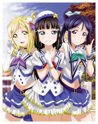 3girls aqua_eyes artbook belt beret black_hair blonde_hair blue_hair blunt_bangs blush bow braid choker cowboy_shot day earrings gloves grin hair_bow hair_ornament hairclip hand_on_another&#039;s_shoulder hat high_ponytail highres index_finger_raised jewelry kurosawa_dia layered_skirt long_hair looking_at_viewer love_live! love_live!_sunshine!! matsuura_kanan midriff mole mole_under_mouth multiple_girls navel neckerchief non-web_source official_art ohara_mari open_mouth outdoors ponytail purple_eyes purple_hair short_sleeves shorts shorts_under_skirt skirt sky smile standing star_(symbol) striped_bow tree white_gloves yellow_eyes