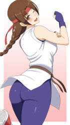 1girl ass braid braided_ponytail breasts brown_eyes brown_hair clothes_lift dougi female_focus from_behind gloves hairband highres huge_ass karate_gi large_breasts latex leather leather_gloves leg_up leggings long_hair looking_at_viewer looking_back mayomaru1 one_eye_closed open_mouth pale_skin pants shiny_clothes shoes single_braid skirt skirt_lift smile smiley_face sneakers spandex standing the_king_of_fighters thick_thighs thighs tight_clothes tight_pants wink yoga_pants yuri_sakazaki