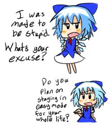 Rule 34 | 1girl, blush stickers, bow, chibi, cirno, dabogon, dress, english text, hair bow, highres, ice, ice wings, jitome, pointing, pointing at viewer, short hair, touhou, wings
