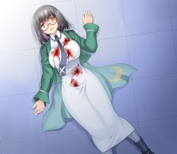 1girl artist_request black_hair blood brown_eyes corpse death empty_eyes female_focus glasses gunshot_wound highres lying mahouka_koukou_no_rettousei medium_hair open_mouth shibata_mizuki solo tears